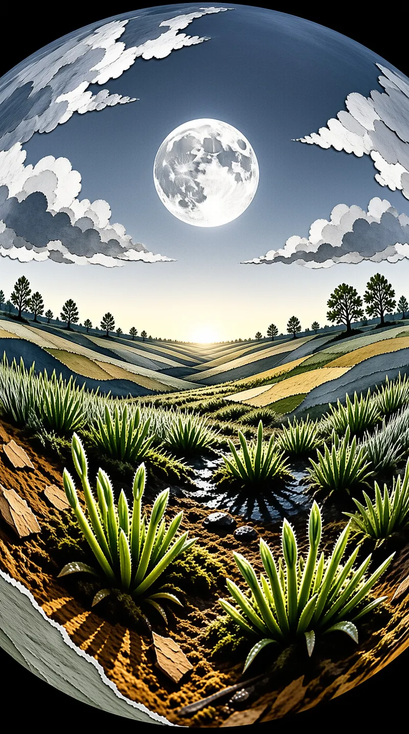 Spherical view of agave fields, rolling hills, and a full moon under a sky with stylized clouds.