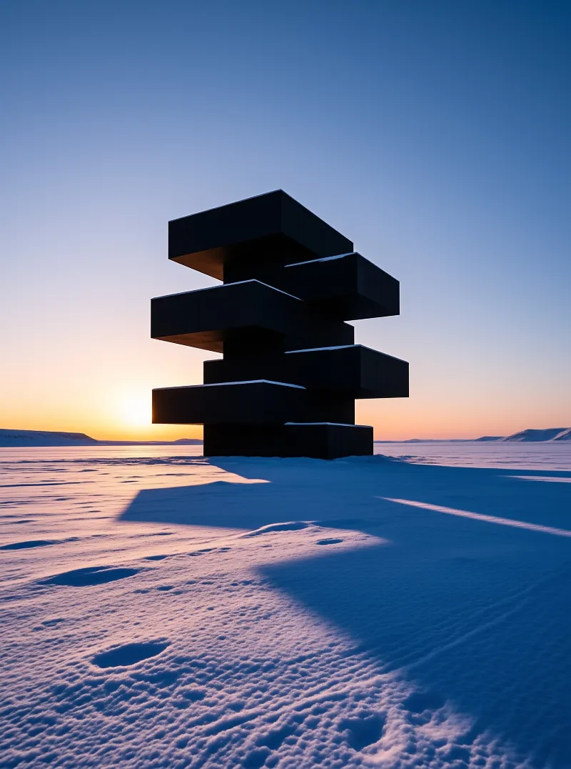 Black boxes cantilever in an offset tower on an empty frozen plain, casting a long blue shadow toward a low orange sun.