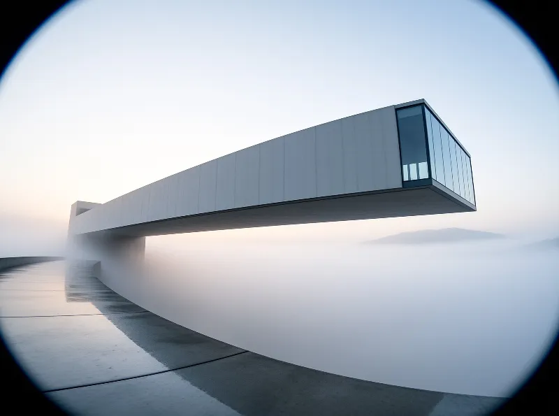 A white concrete villa extends over a valley covered in thick fog under soft dawn light.
