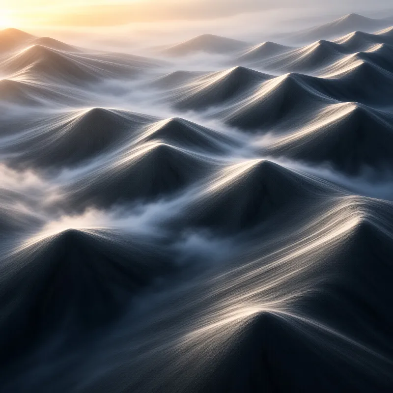 Flowing dark mountain ridges catch warm golden light while mist fills the valleys.
