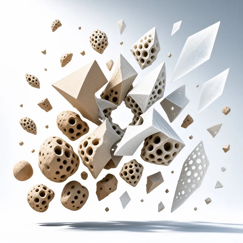 Beige and white porous geometric solids drift above a pale gray surface with soft shadows and bright highlights.