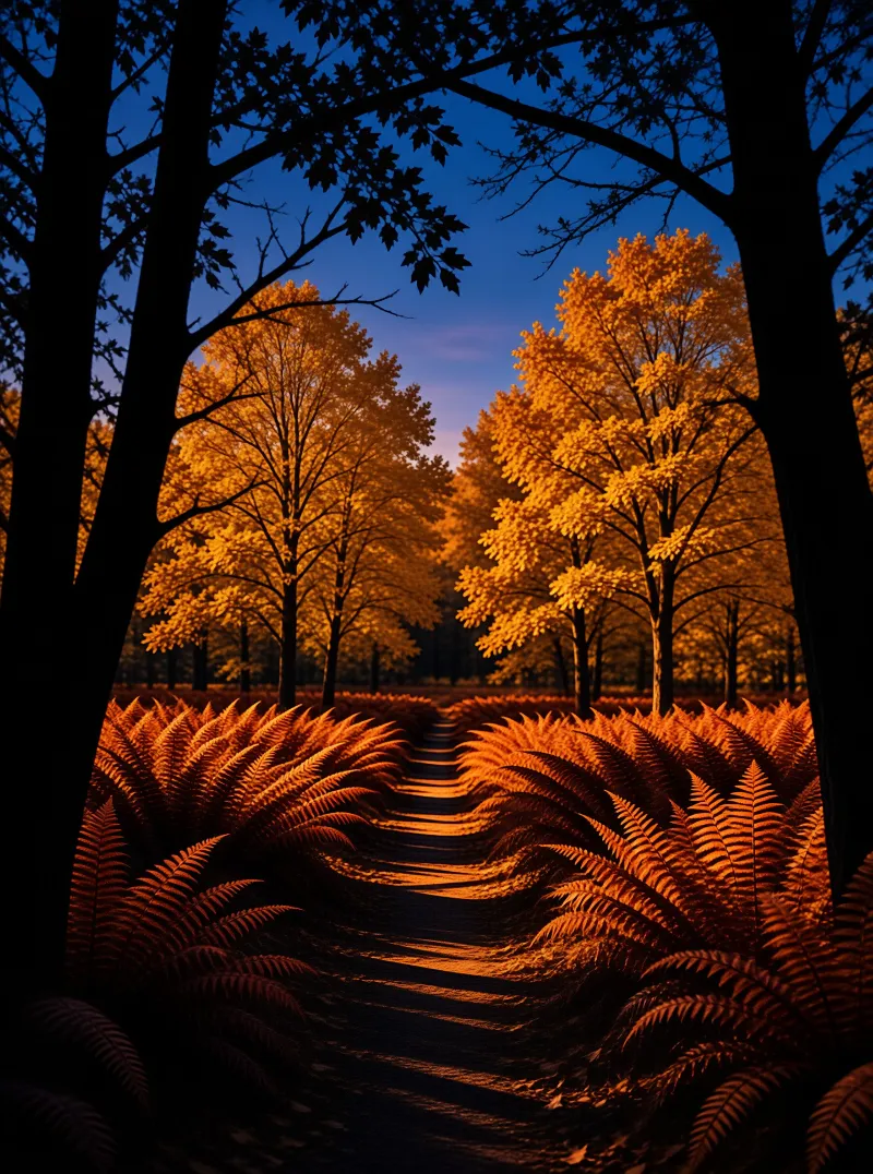 A dirt trail lined with glowing ferns and orange trees under a deep blue twilight sky.