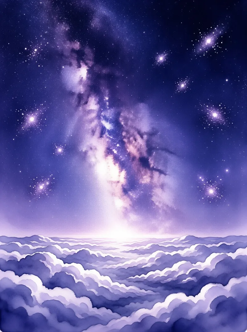 A vast purple galaxy stretches across a starry night sky hovering over a sea of rolling clouds.