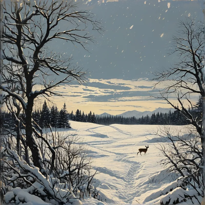 A lone deer stands in a vast snowy field framed by bare branches while snow falls over distant mountains.