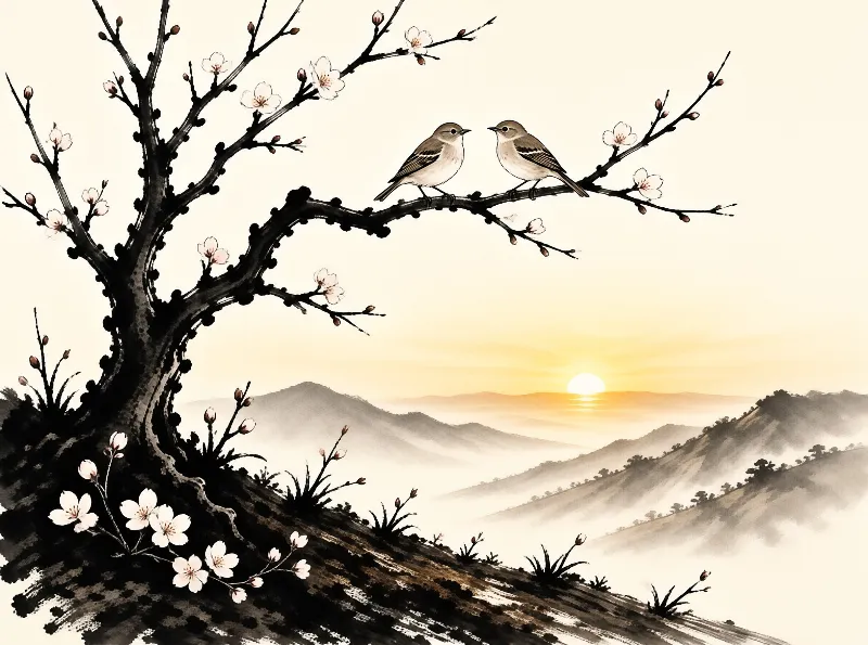 Two small birds perch on a flowering branch above misty mountains as the sun sets.