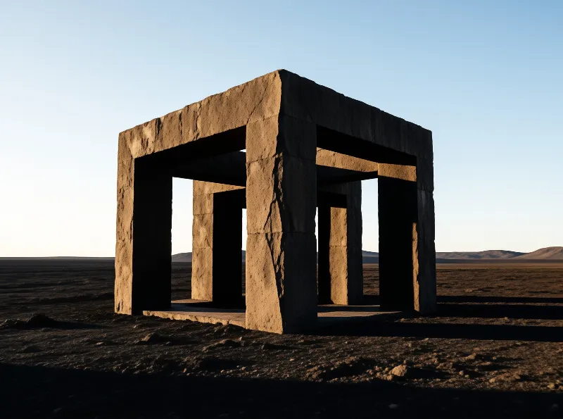 Massive stone blocks form a rectangular frame in a flat desert landscape bathed in warm sunlight.