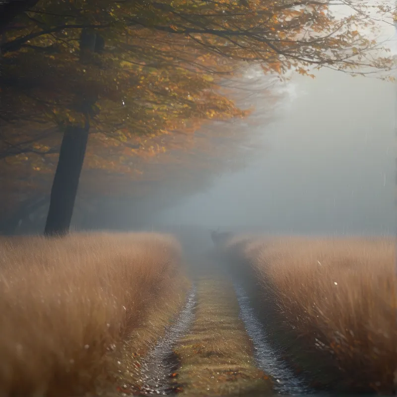 A wet muddy track with puddles leads through tall dry grass and autumn trees into thick fog
