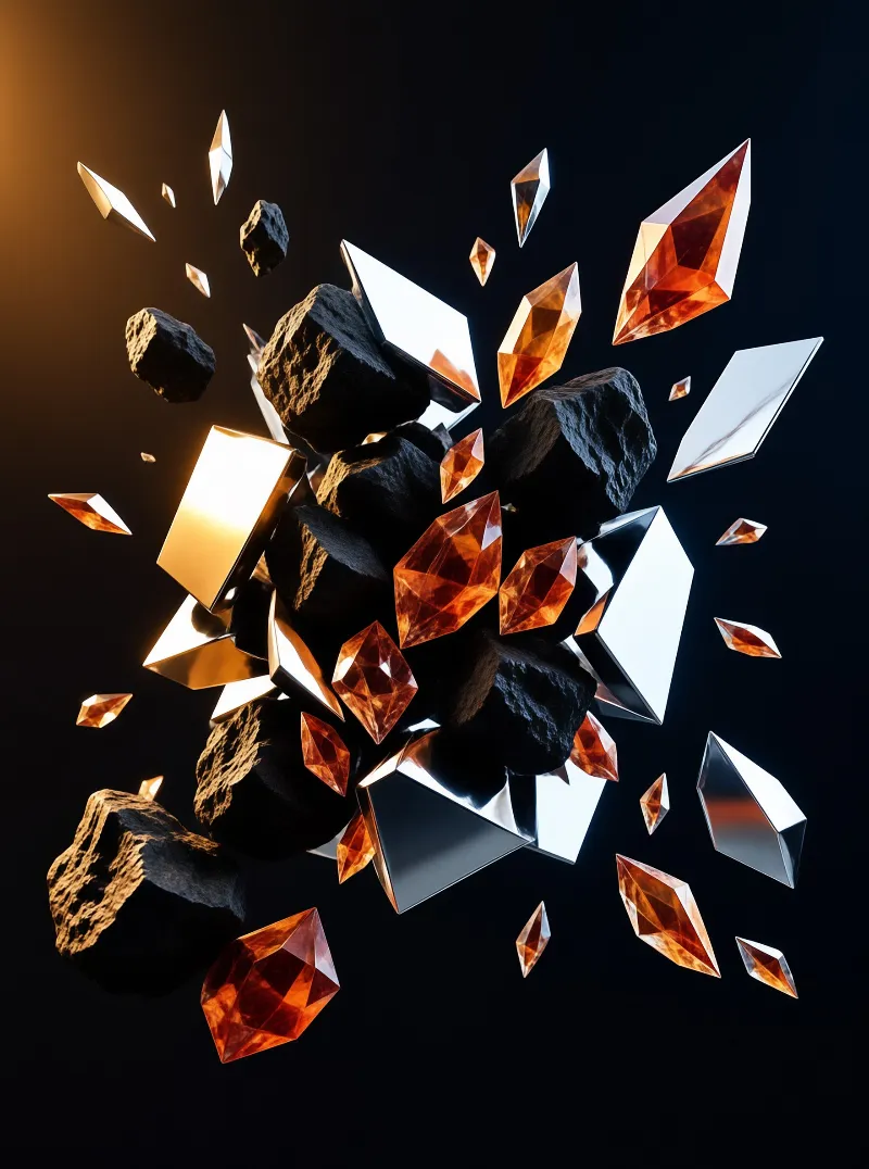 Faceted orange crystals, mirror steel fragments and chunks of porous black rock scatter through a dark space.