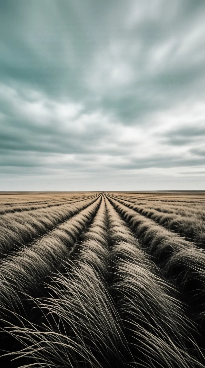 A vast field of wheat with rows converging toward a flat horizon beneath a heavy overcast sky.