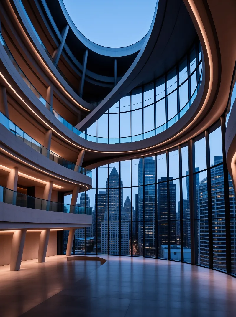 Warm light lines the sweeping empty floors of a curved lobby while skyscrapers stand blue behind a tall glass wall