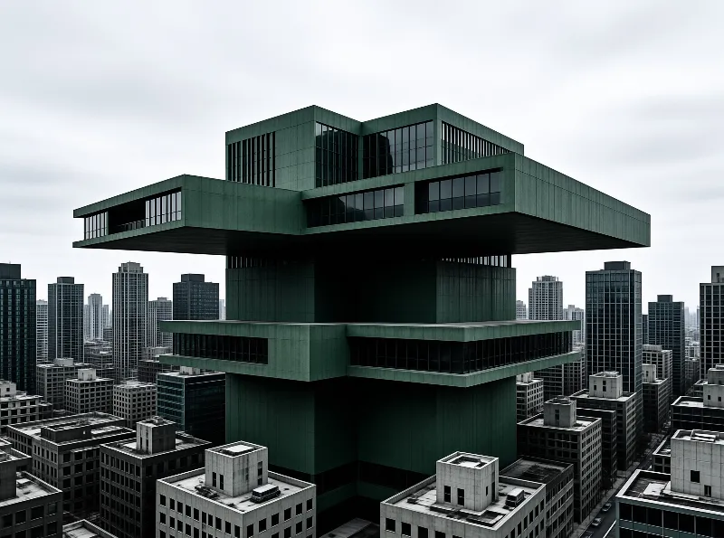 A multi-tiered teal angular building rises over a desaturated grey urban skyline under flat overcast skies.