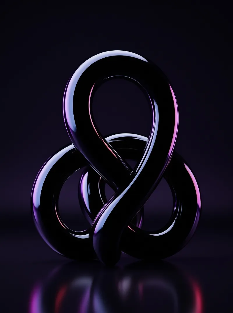 Glossy black abstract loop stands on a reflective surface with purple neon lighting accents.