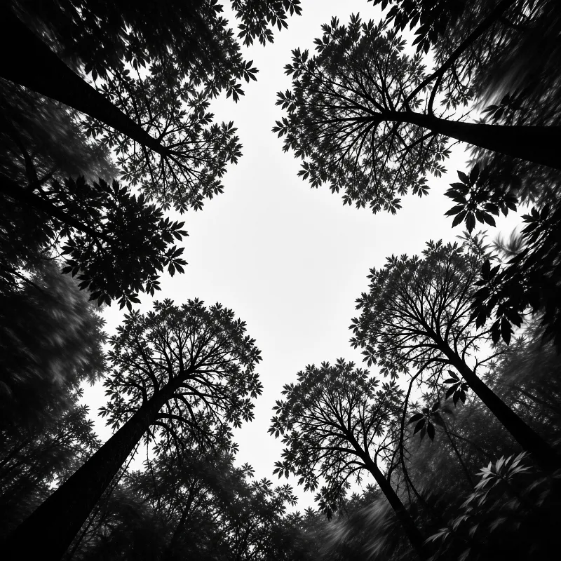 Black branches and leaves reach inward from every side around a bright overcast patch of sky.