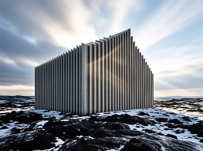 Vertical concrete slabs form a curved wall standing in a rocky landscape covered with patches of snow under a bright sky.