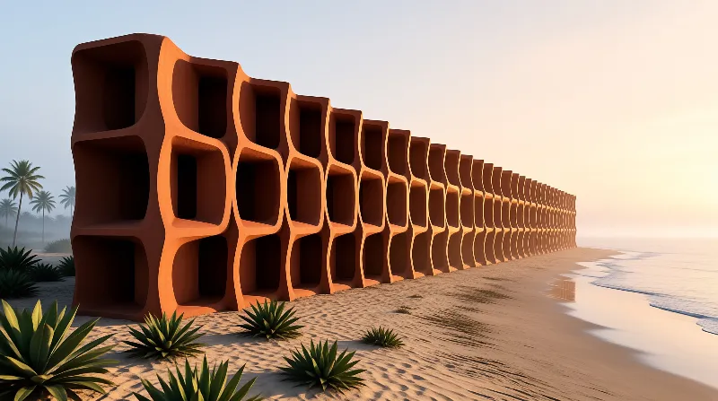 A long wavy terracotta structure lines a sandy beach with palm trees under a soft sunrise sky
