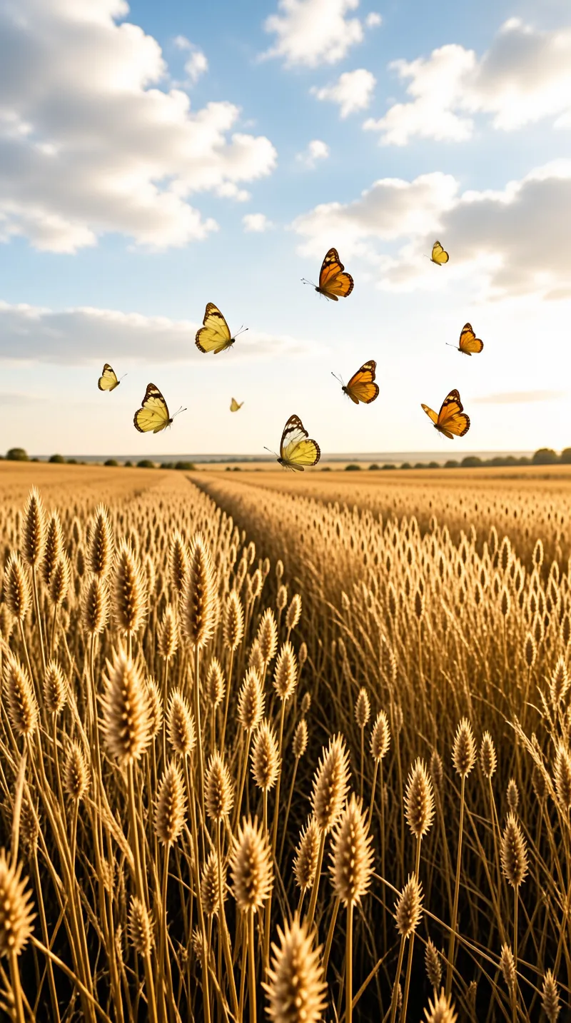 Orange and yellow butterflies fly above a vast golden wheat field under a bright blue sky with scattered white clouds.