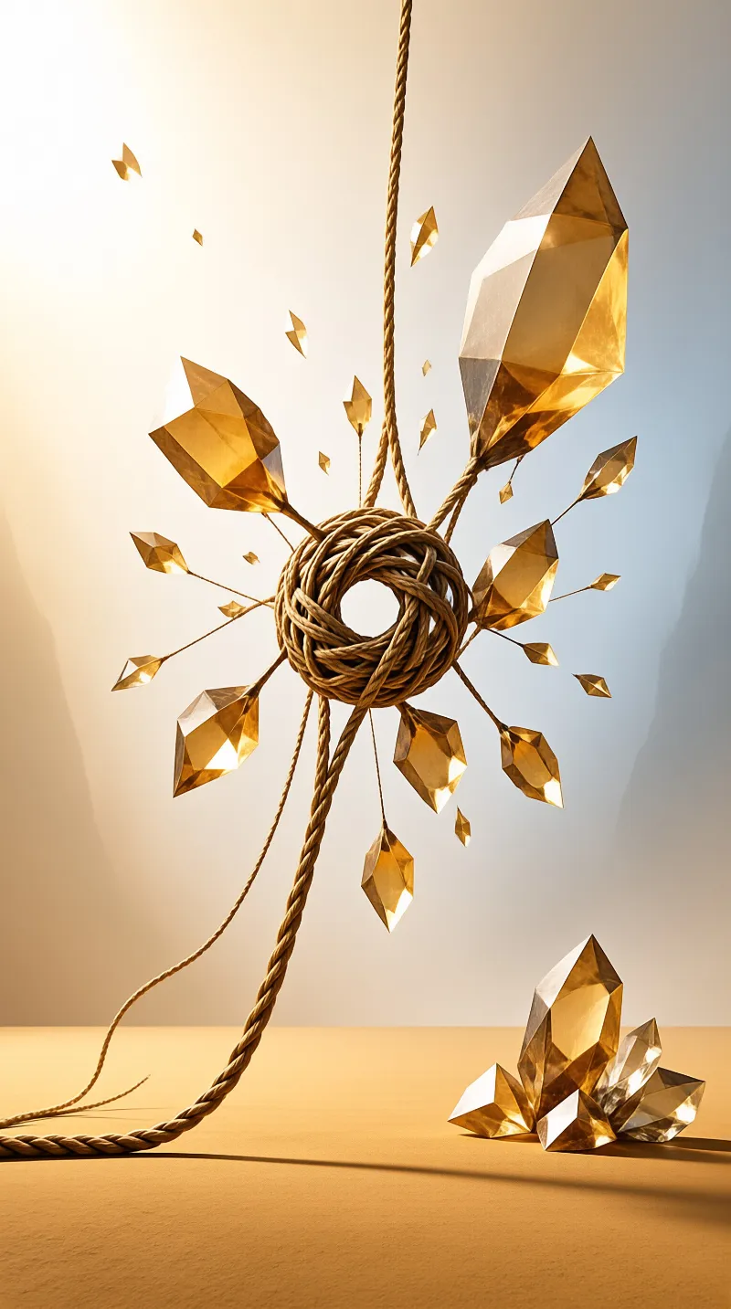 A tangled ball of rope hangs suspended, its radiating threads tipped with faceted amber crystals over a warm tan surface.