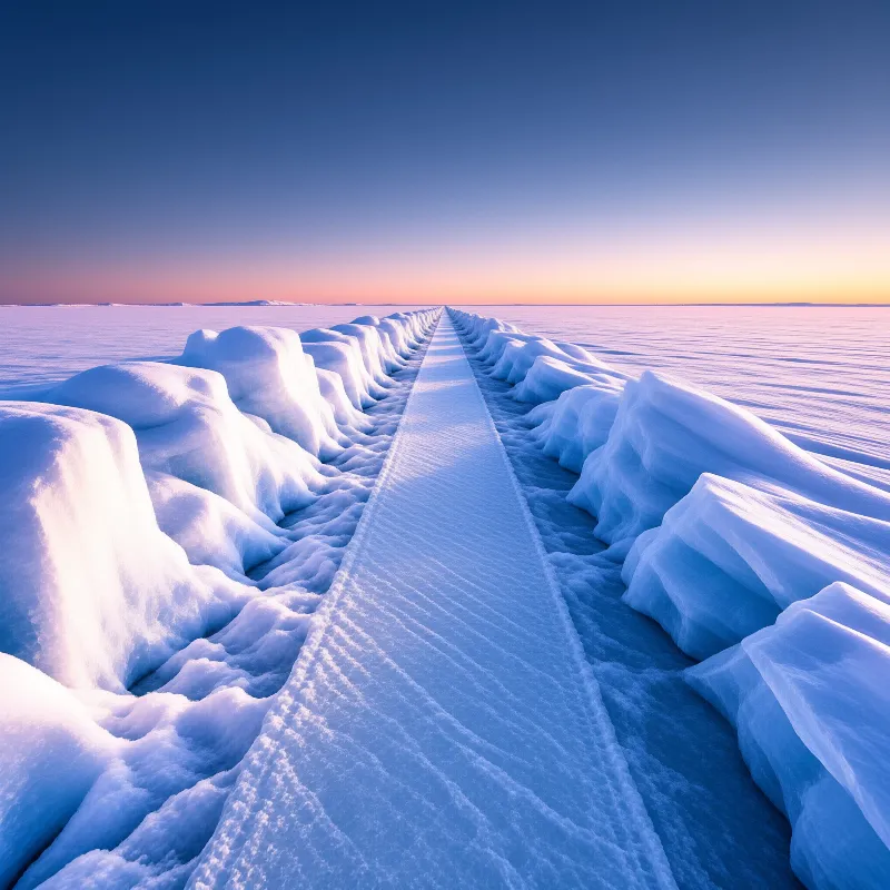 A long clear track cuts through deep snow drifts towards a bright orange and blue sky at the horizon.