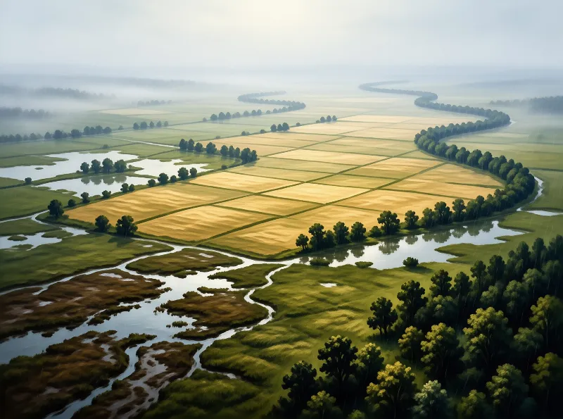 Overhead view of patchwork farm fields near a curving stream and marshy ground covered in morning haze.