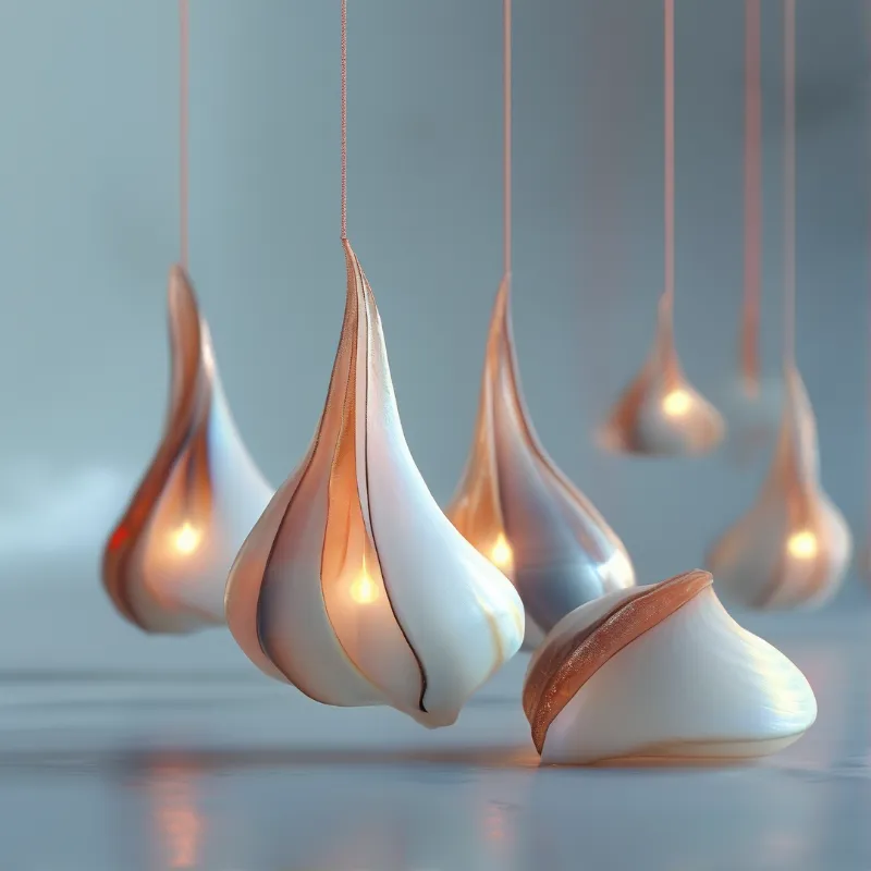 Several smooth teardrop shaped objects hang from strings against a blurred blue background while emitting a warm inner glow.