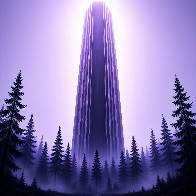 A colossal vertical structure emerges from a forest of dark coniferous trees bathed in mysterious purple light.
