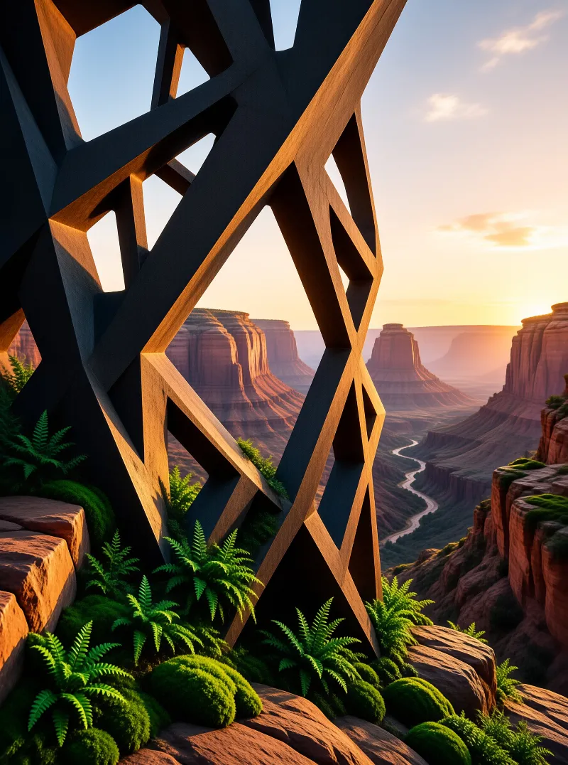 A twisted metal sculpture stands before red rock canyons and a winding river during golden hour lighting.