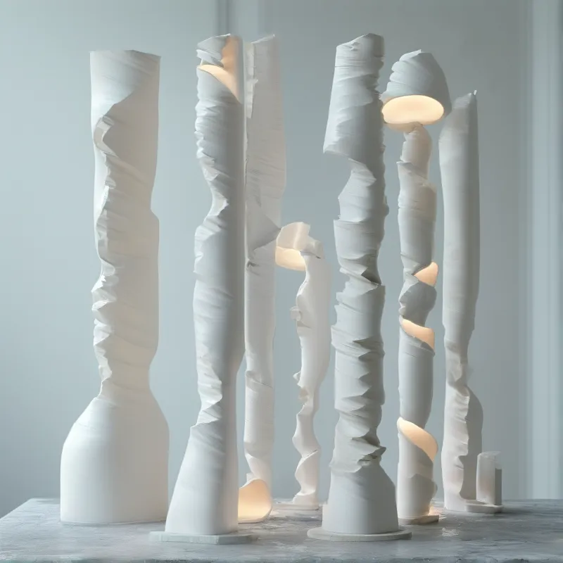 White vertical art pieces stand on a grey surface while soft yellow light shines from within their hollow bodies.