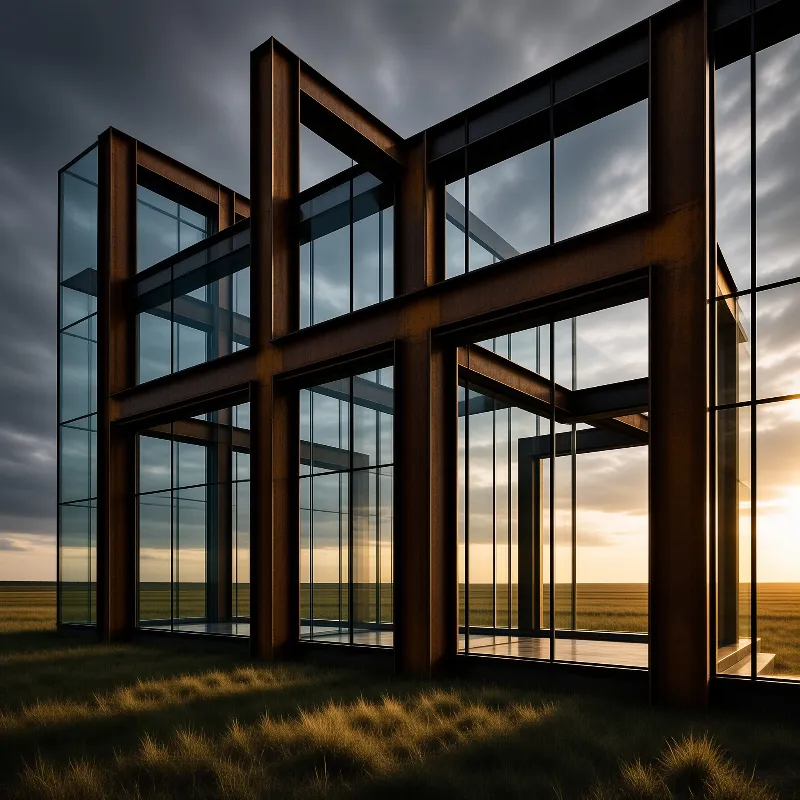 A geometric glass and steel building rises from a golden prairie under a moody twilight sky.