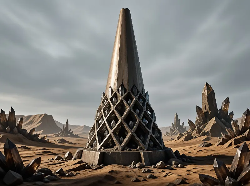 A massive conical tower with a diamond lattice base stands in a desert landscape surrounded by jagged rock spires.