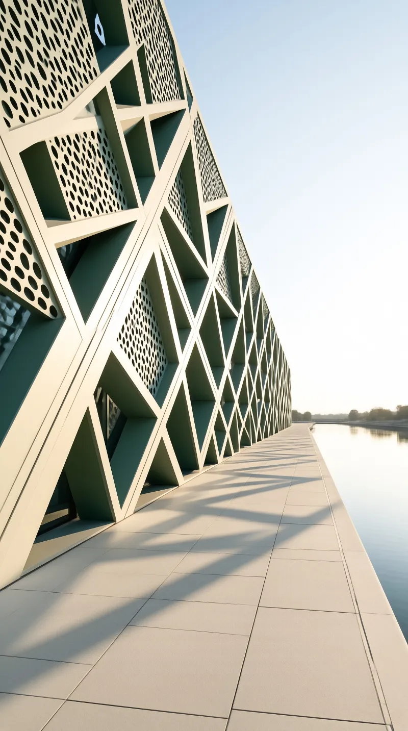 A modern white building with a perforated grid pattern stands next to a paved path and calm water under warm sunlight.