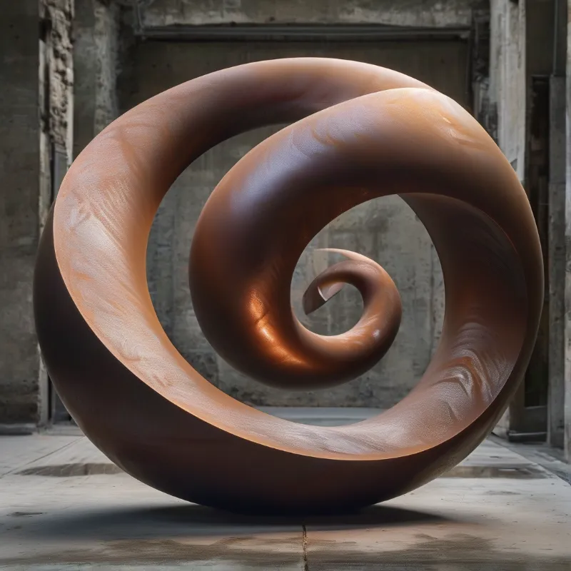A large curved brown object resembling wood grain rests on a grey concrete floor within an unfinished industrial interior.