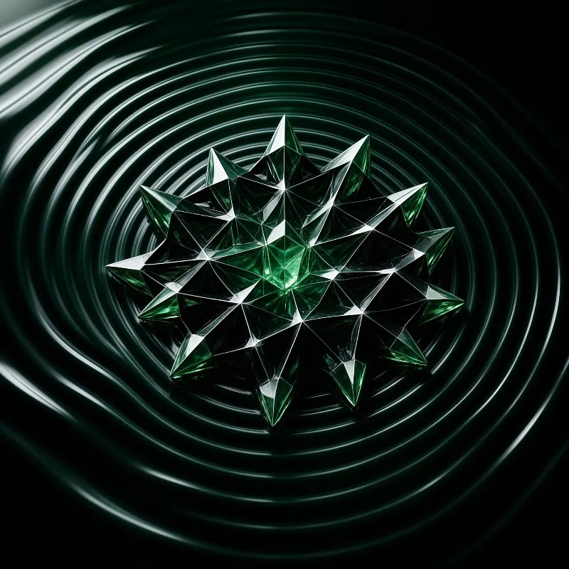 A shiny green geometric polyhedron floats above dark concentric waves with sharp white reflections.