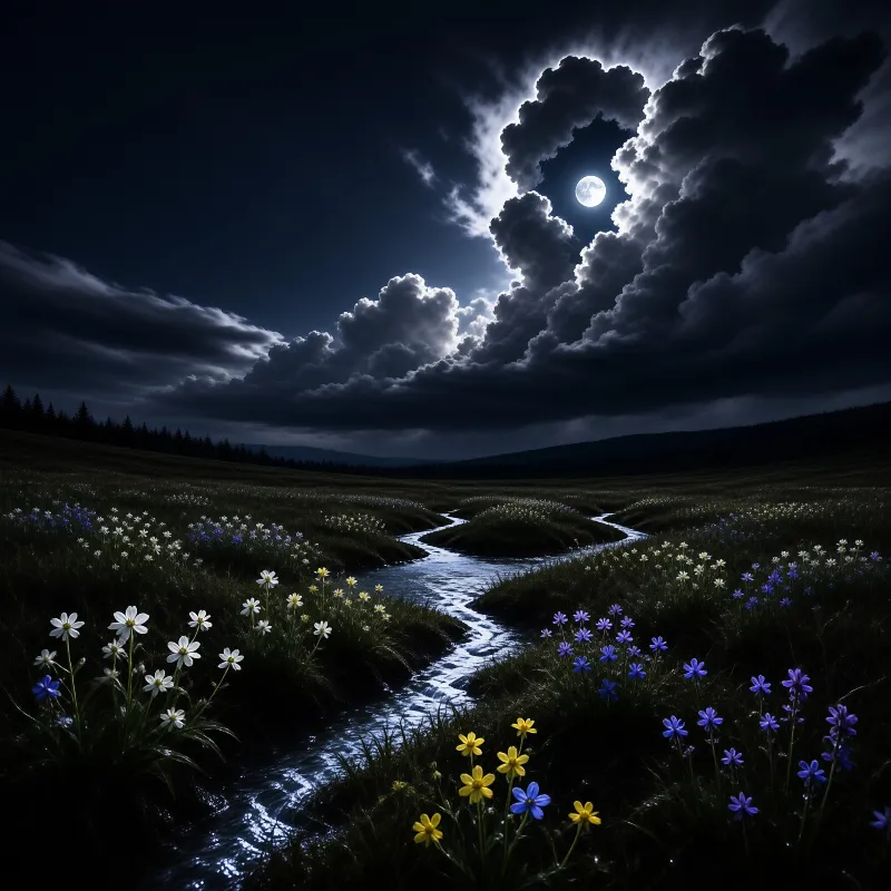 A dark landscape shows a winding creek reflecting moonlight while colorful wildflowers bloom in the foreground under dramatic clouds.