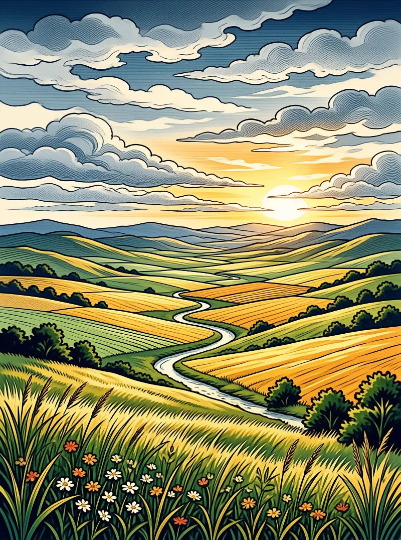 Stylized landscape showing a winding river cutting through green and yellow hills under a cloudy sky.