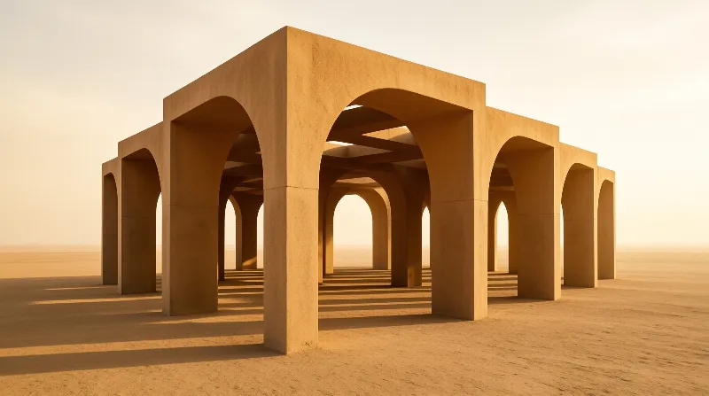 A grid of thick sandstone arches stands alone in endless flat desert under pale warm hazy sun