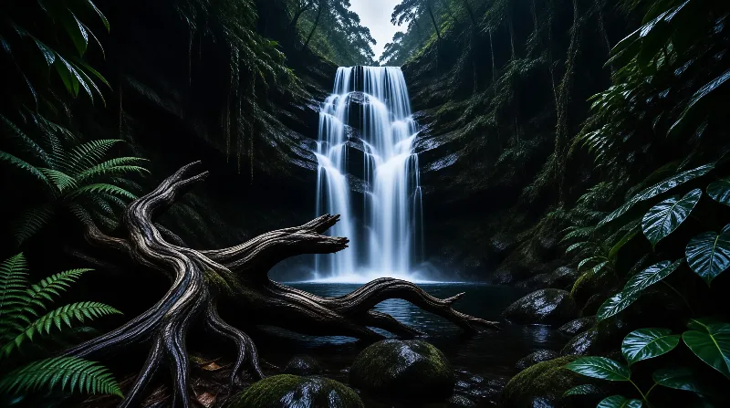 Silky white water tumbles over shadowed rock into a still pool, framed by ferns, glossy leaves and pale driftwood.