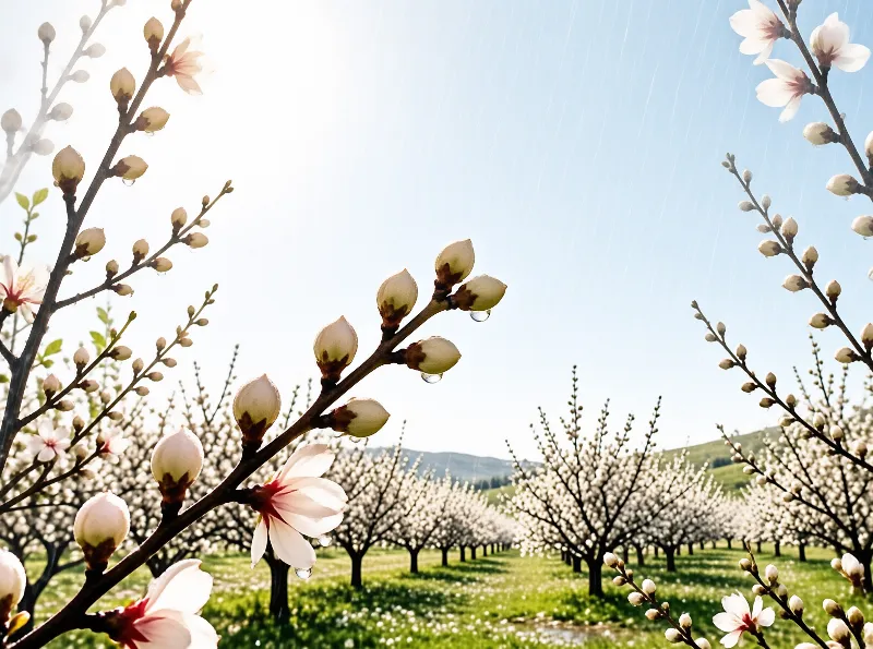 White almond blossoms hang from dark branches with dewdrops in a sunlit orchard.