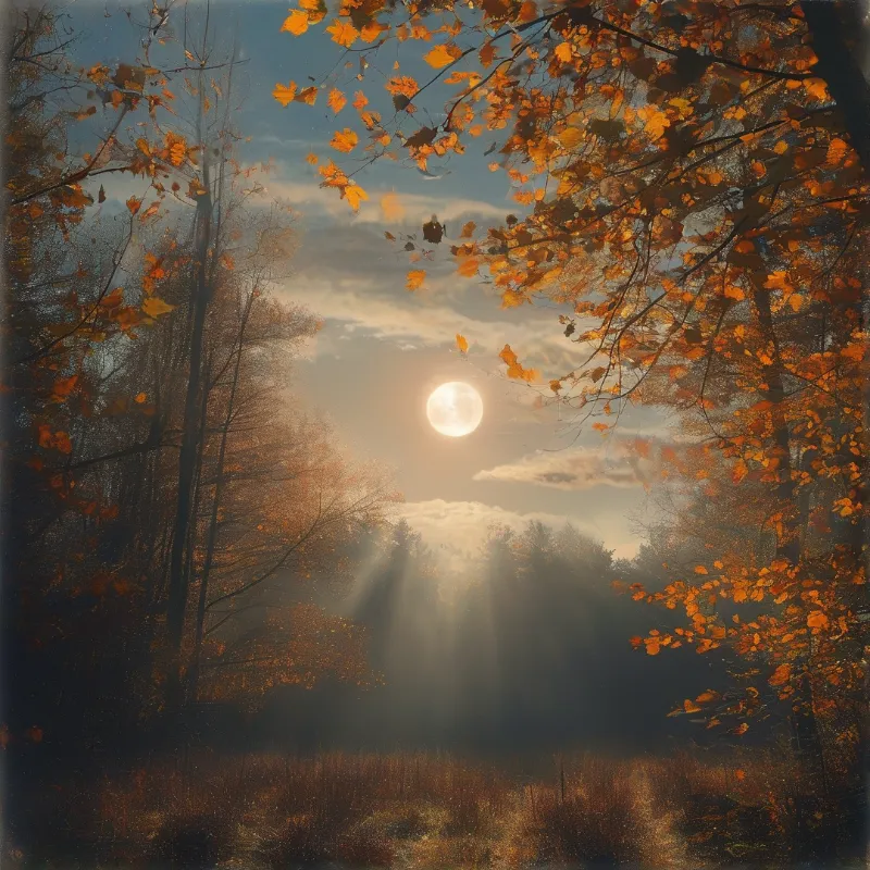 A bright moon illuminates a misty forest scene with orange autumn branches framing the glowing light and clouds.