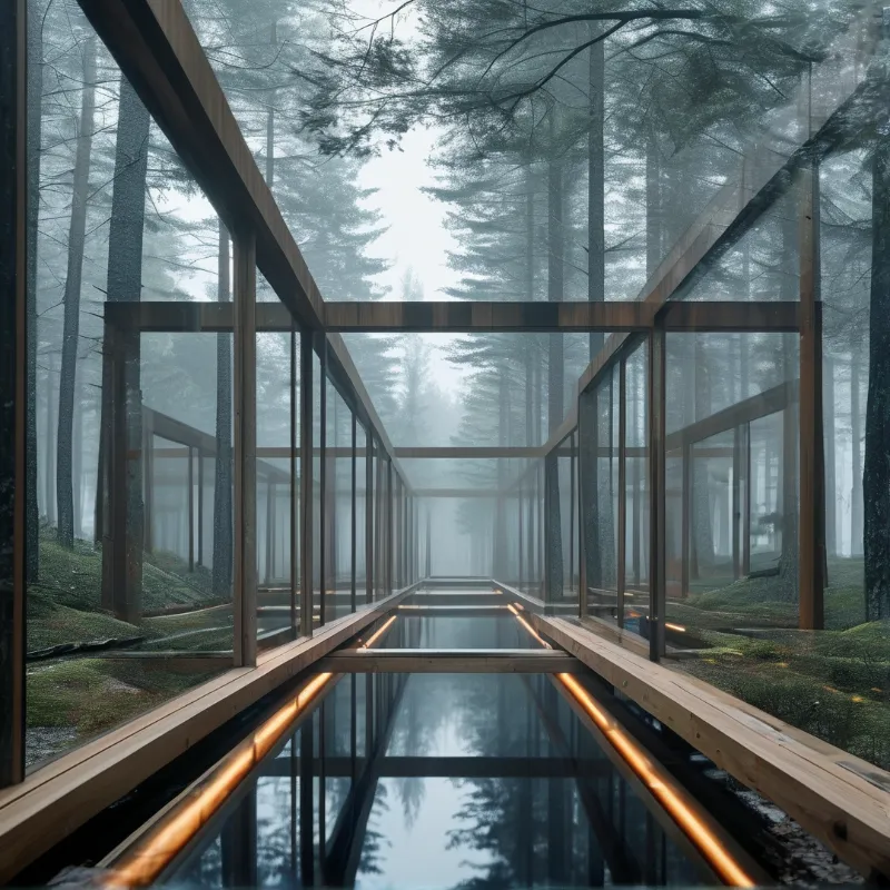 A transparent walkway with a reflective water channel passes through misty evergreen woods