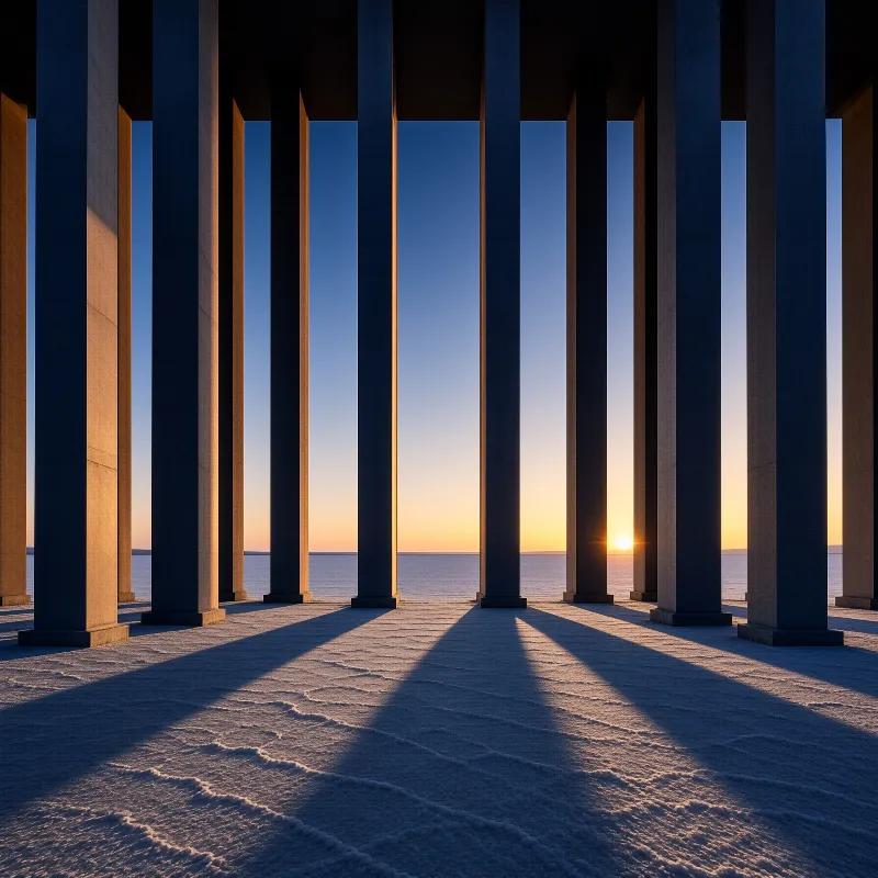Tall rectangular pillars cast long shadows across a textured floor overlooking a calm ocean horizon during sunset.
