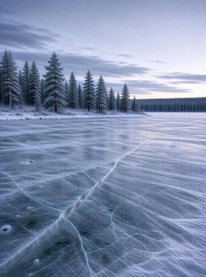 Frozen Lake and Snowy Forest