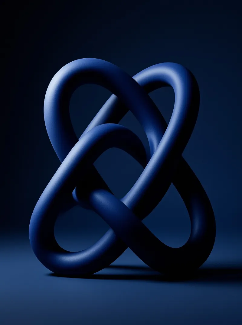 A smooth royal blue knot loops through itself under directional light on a near black studio backdrop.