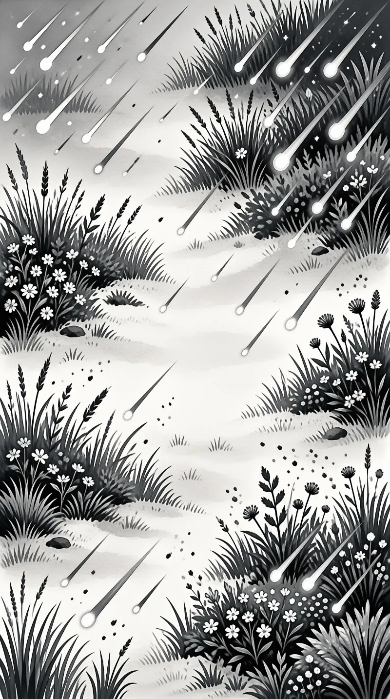 Monochrome artwork of meteors streaking into a winding river bordered by dense grass and small white daisy flowers.