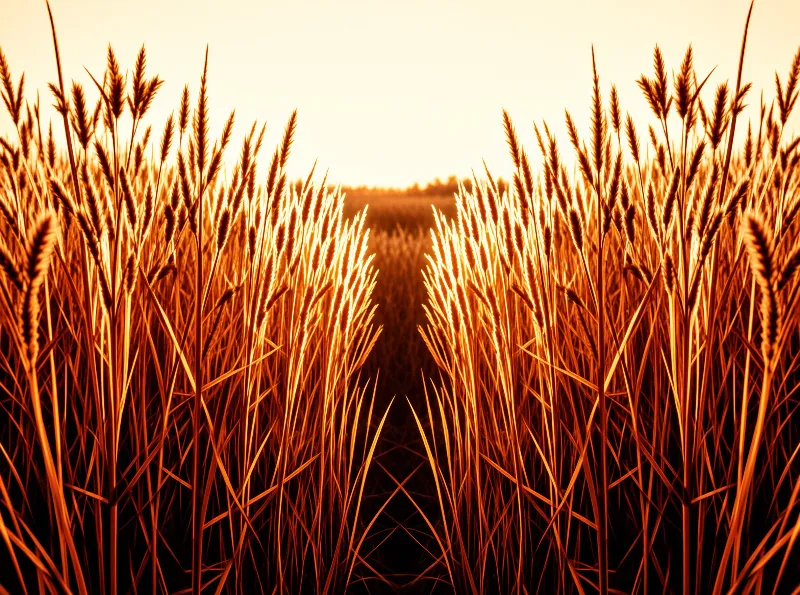 Rows of ripe wheat create a natural corridor leading toward the bright horizon during sunset.
