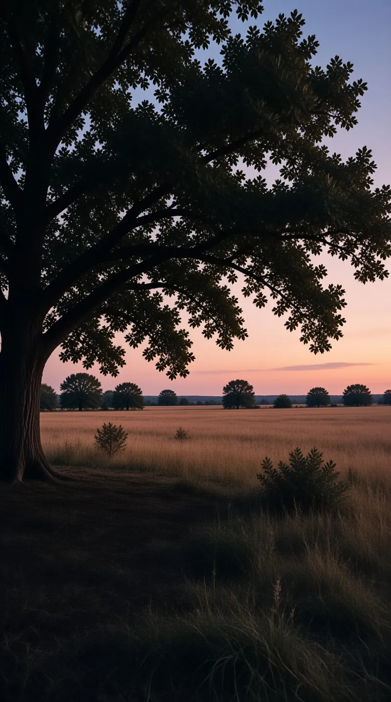 Large dark foliage frames a vast open landscape under a fading orange sky.