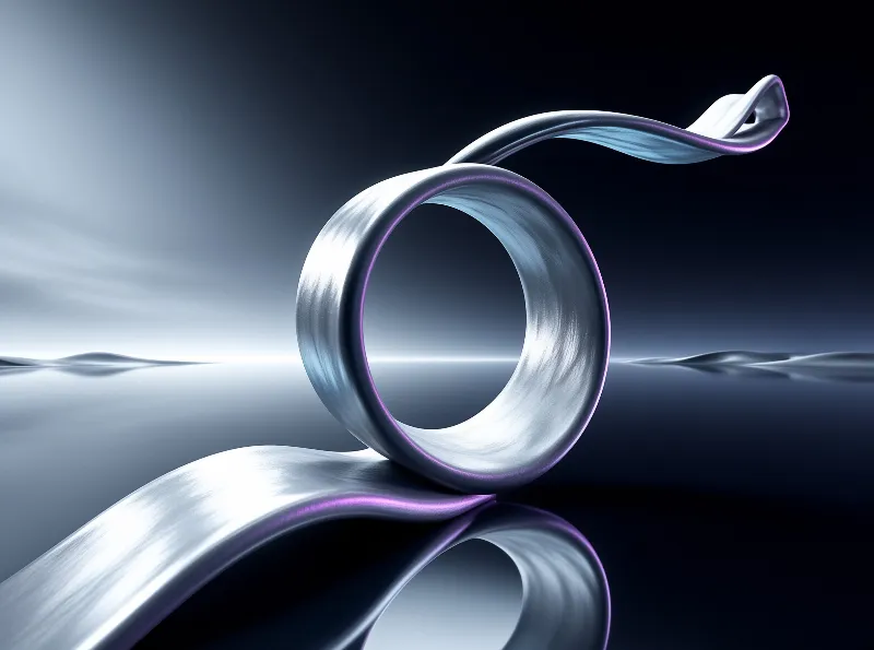 A polished metallic ribbon curls upward from a dark reflective surface with purple edge lighting.