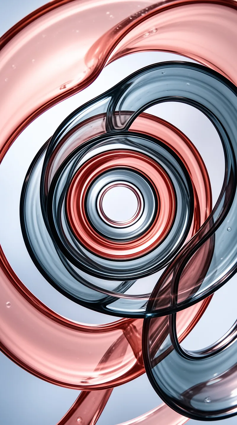 Swirling ribbons of pink and blue translucent material curve around a bright center.