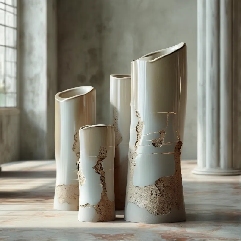 Four tall ceramic vases with cracked glaze stand on a marble floor illuminated by sunlight.