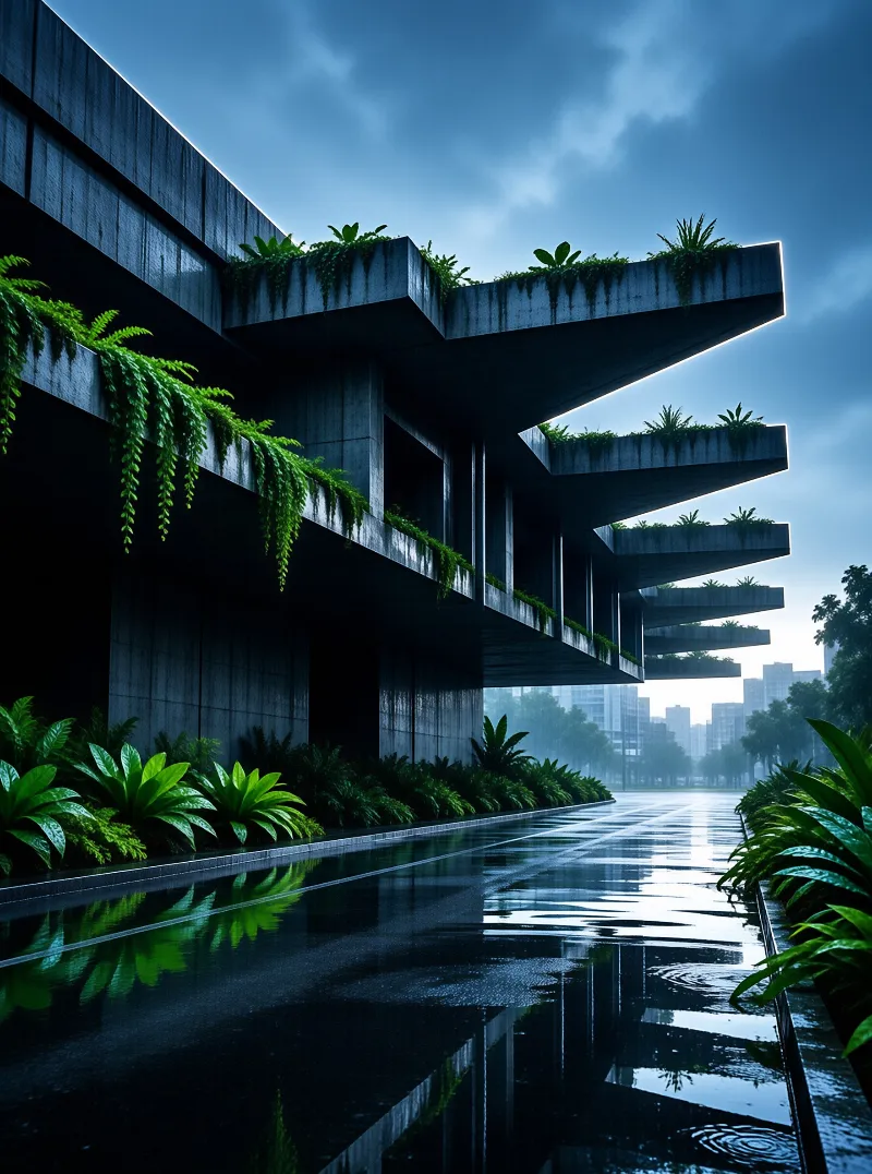 Modern architecture with overhanging balconies covered in vegetation overlooks a rain-slicked walkway under a cloudy sky.