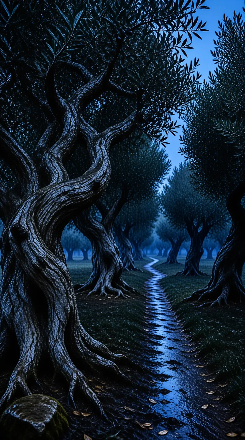 A wet winding path reflects the deep blue sky beneath ancient twisted tree trunks forming a dark tunnel.